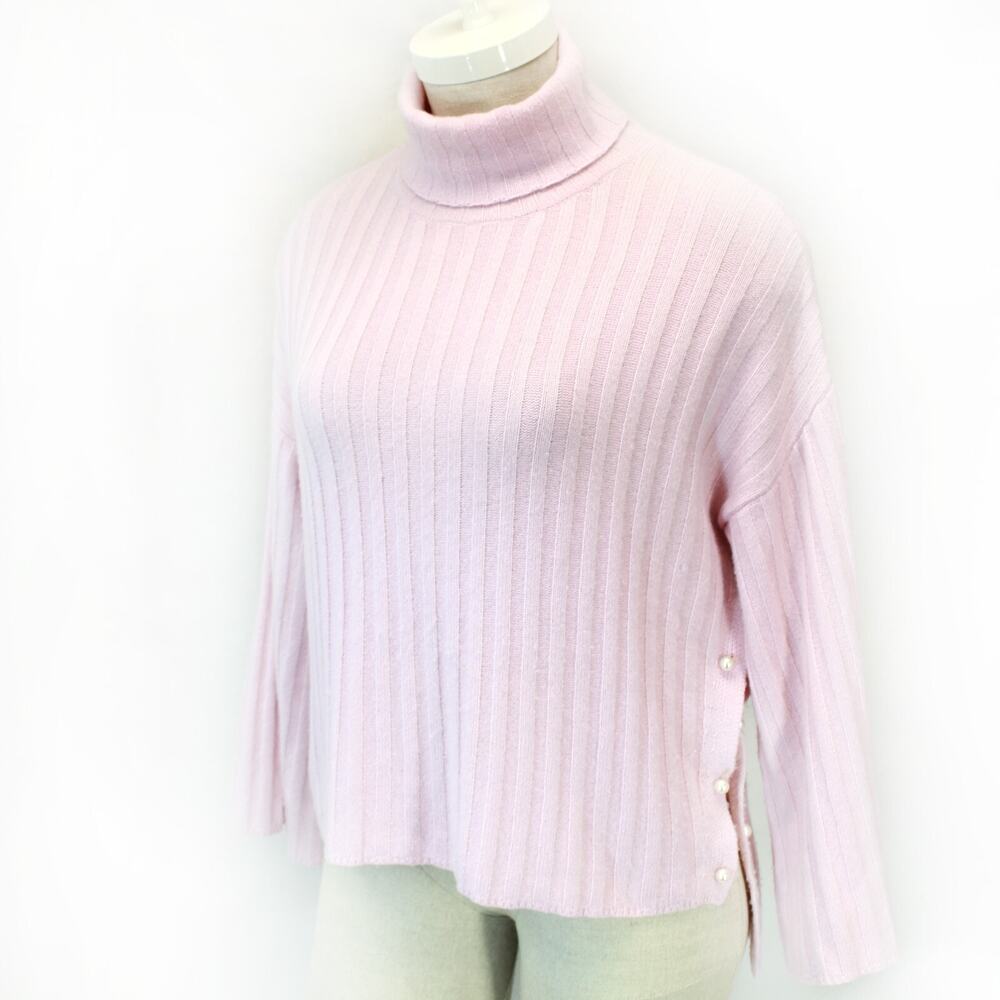 Milly 2-Ply Cashmere Wool Blend Ribbed Turtle Neck Pink Sweater Slits Small
